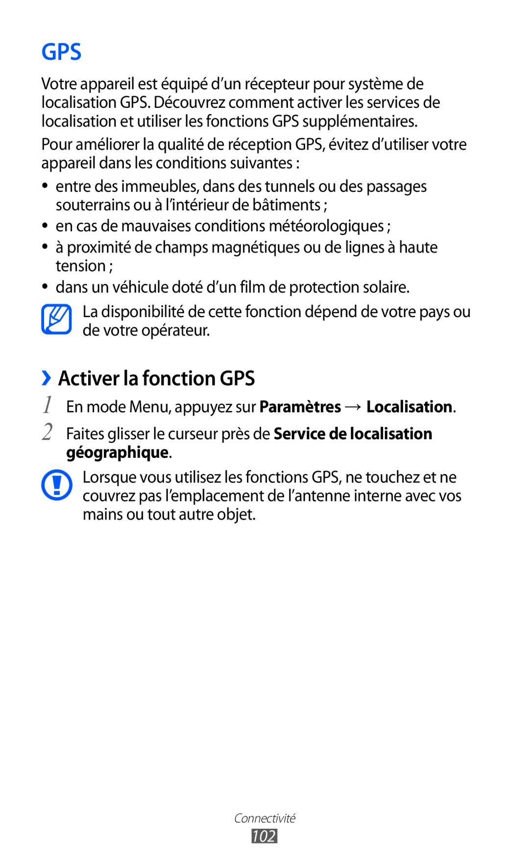 Samsung GT-S8600HKAMTL manual ››Activer la fonction GPS, 102 