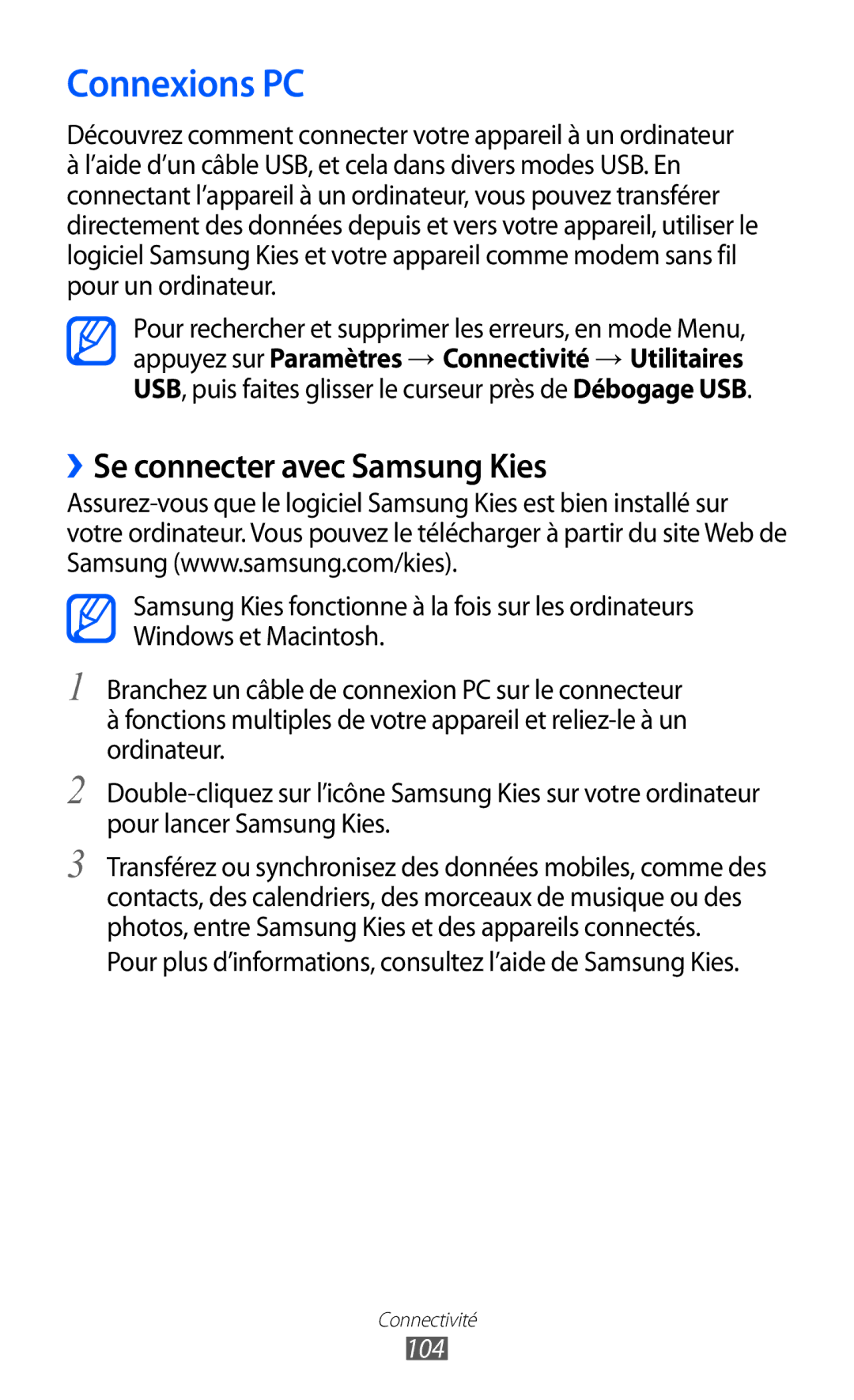 Samsung GT-S8600HKAMTL manual Connexions PC, ››Se connecter avec Samsung Kies, 104 