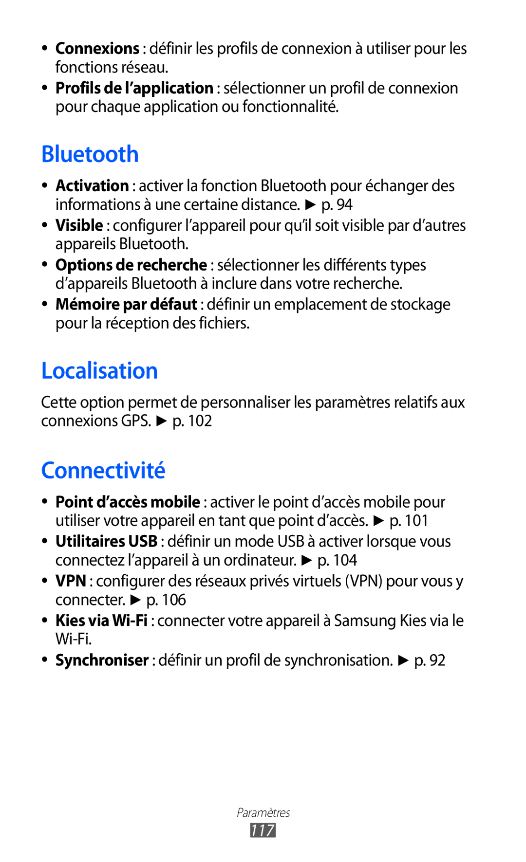 Samsung GT-S8600HKAMTL manual Localisation, Connectivité, 117 