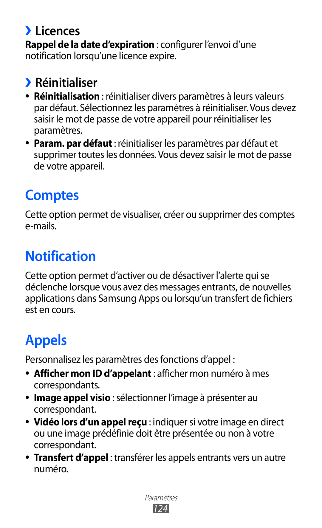 Samsung GT-S8600HKAMTL manual Comptes, Notification, ››Licences, ››Réinitialiser 