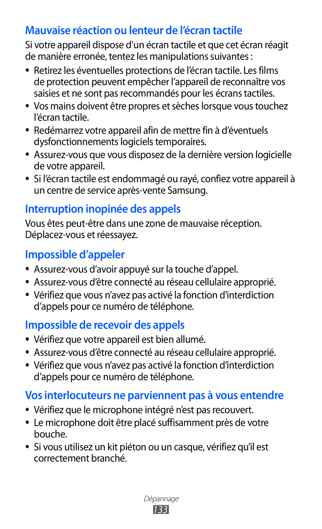 Samsung GT-S8600HKAMTL manual Mauvaise réaction ou lenteur de l’écran tactile, 133 