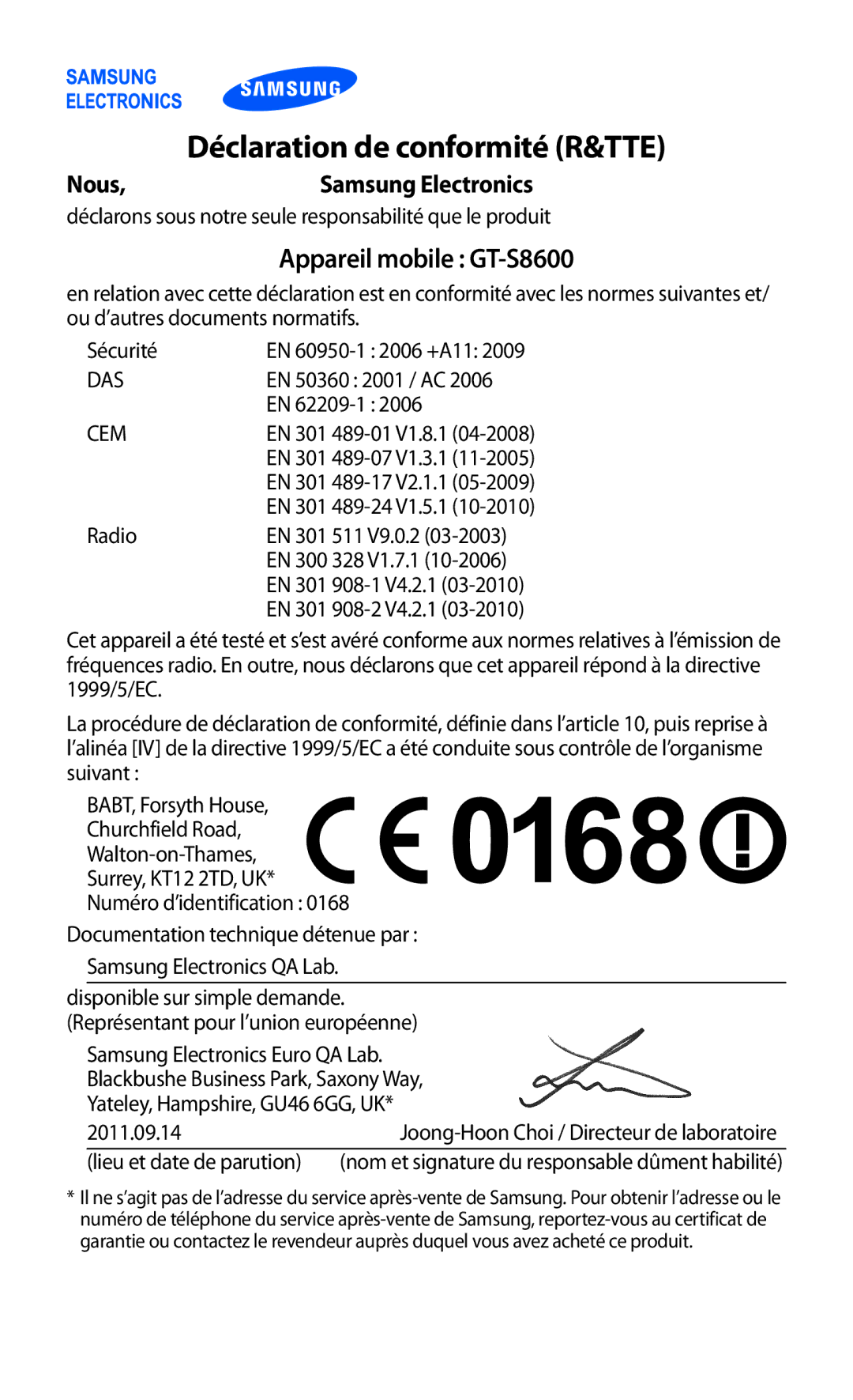 Samsung GT-S8600HKAMTL manual Déclaration de conformité R&TTE, Appareil mobile GT-S8600 