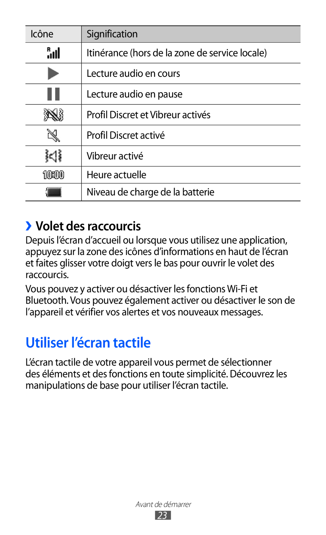 Samsung GT-S8600HKAMTL manual Utiliser l’écran tactile, ››Volet des raccourcis 