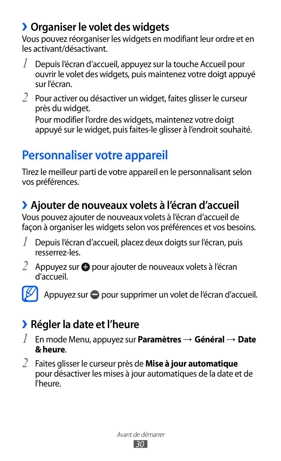 Samsung GT-S8600HKAMTL manual Personnaliser votre appareil, ››Organiser le volet des widgets, ››Régler la date et l’heure 