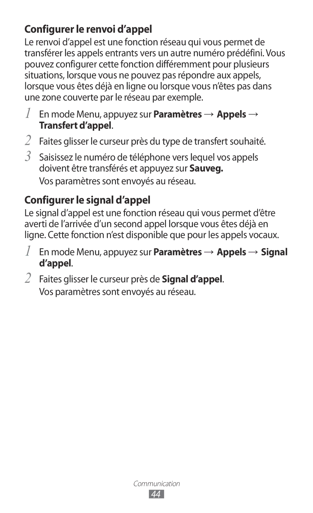 Samsung GT-S8600HKAMTL Configurer le renvoi d’appel, Configurer le signal d’appel, Vos paramètres sont envoyés au réseau 