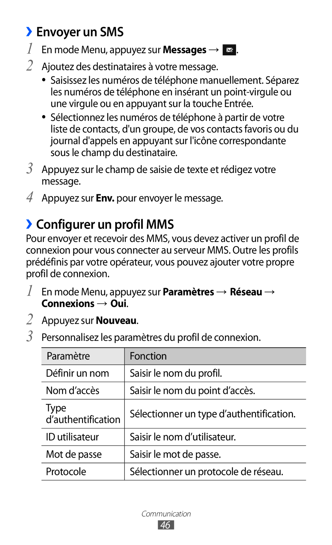 Samsung GT-S8600HKAMTL manual ››Envoyer un SMS, ››Configurer un profil MMS, Connexions → Oui 