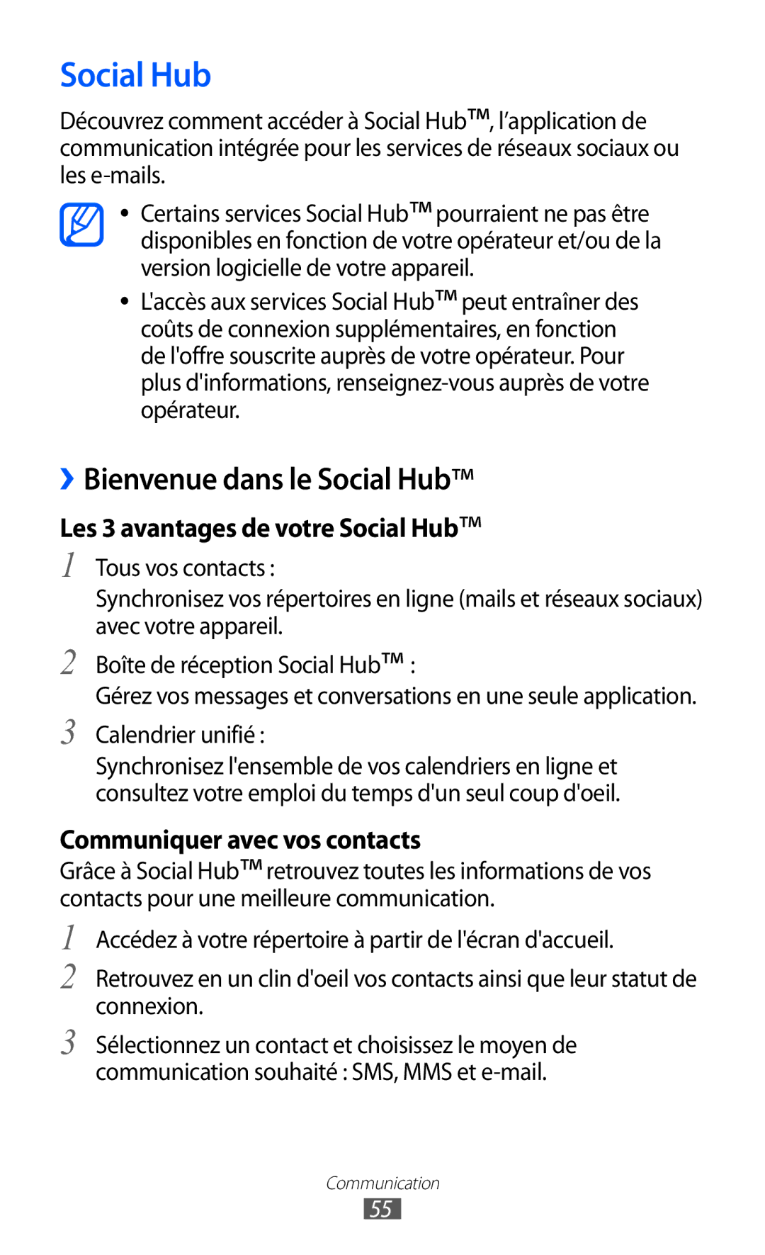 Samsung GT-S8600HKAMTL manual Social Hub, Communiquer avec vos contacts, Calendrier unifié 