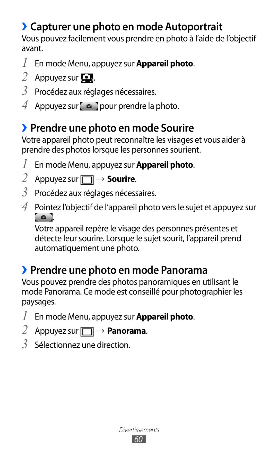 Samsung GT-S8600HKAMTL manual ››Capturer une photo en mode Autoportrait, ››Prendre une photo en mode Sourire 