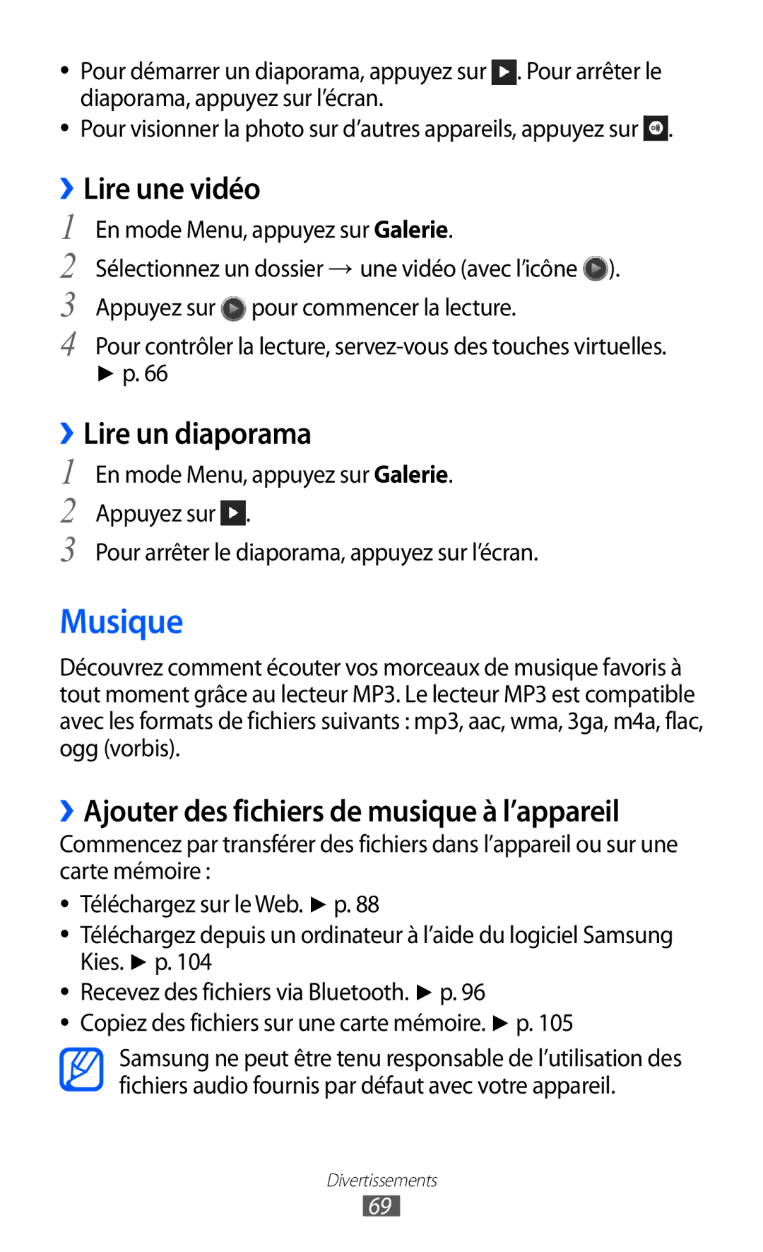 Samsung GT-S8600HKAMTL manual Musique, ››Lire un diaporama, ››Ajouter des fichiers de musique à l’appareil 