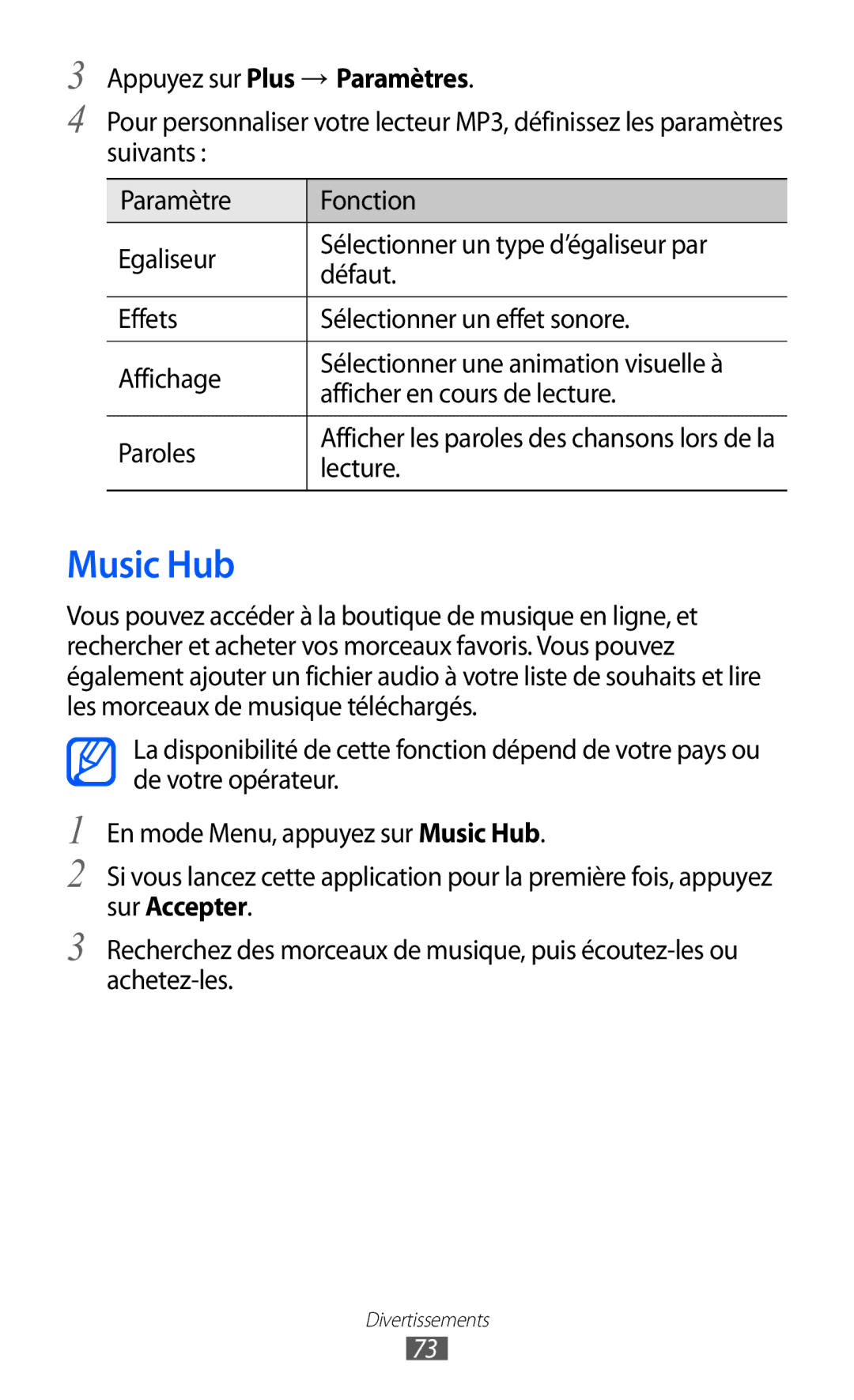 Samsung GT-S8600HKAMTL manual Music Hub, Lecture 