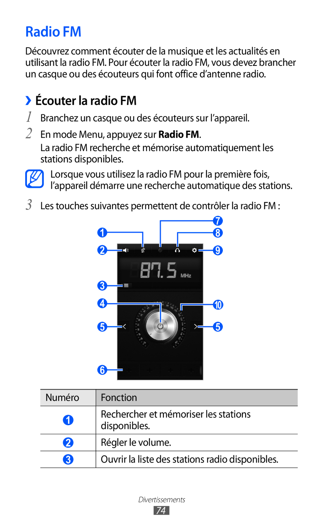 Samsung GT-S8600HKAMTL manual Radio FM, ››Écouter la radio FM 