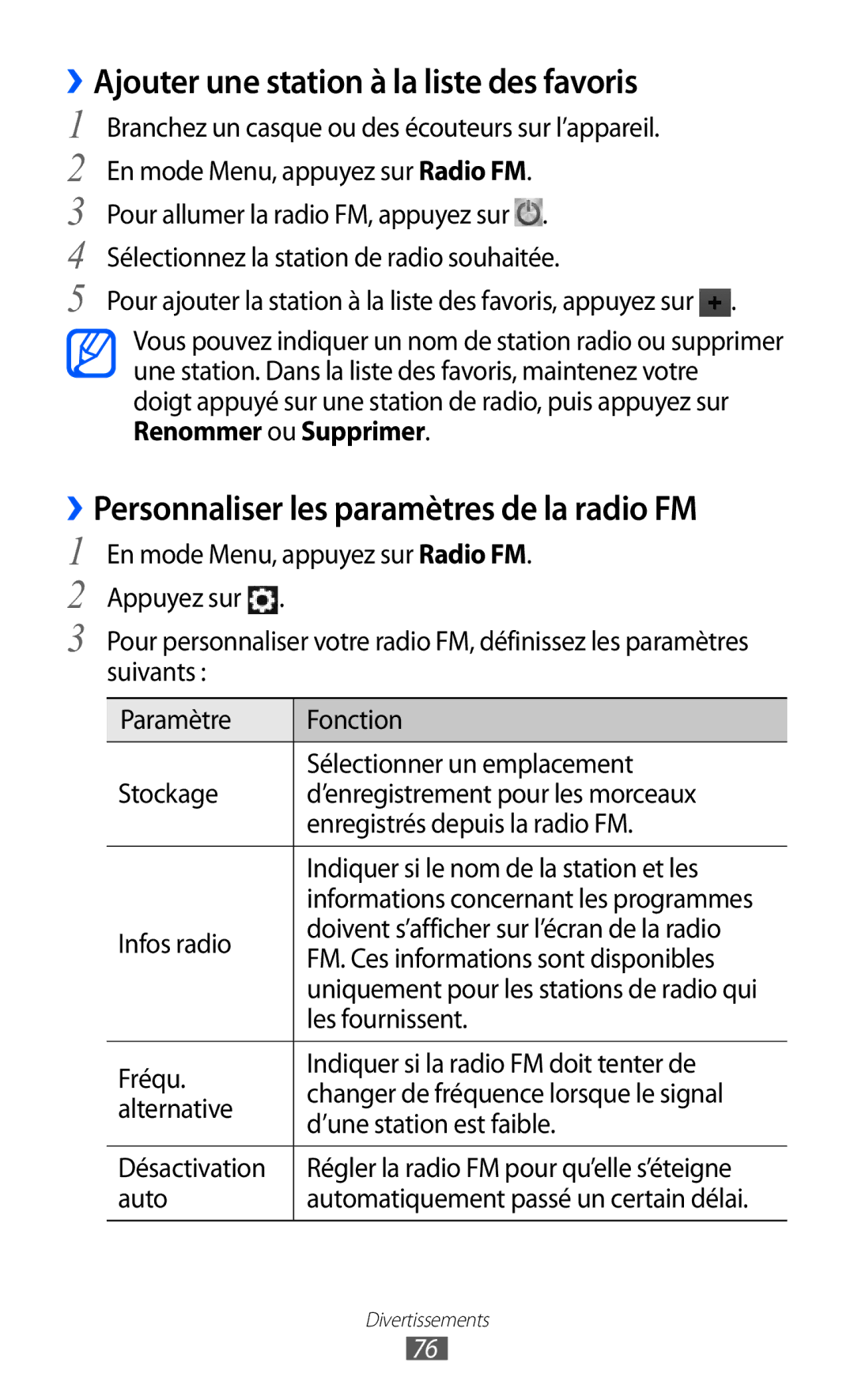 Samsung GT-S8600HKAMTL ››Ajouter une station à la liste des favoris, ››Personnaliser les paramètres de la radio FM, Auto 