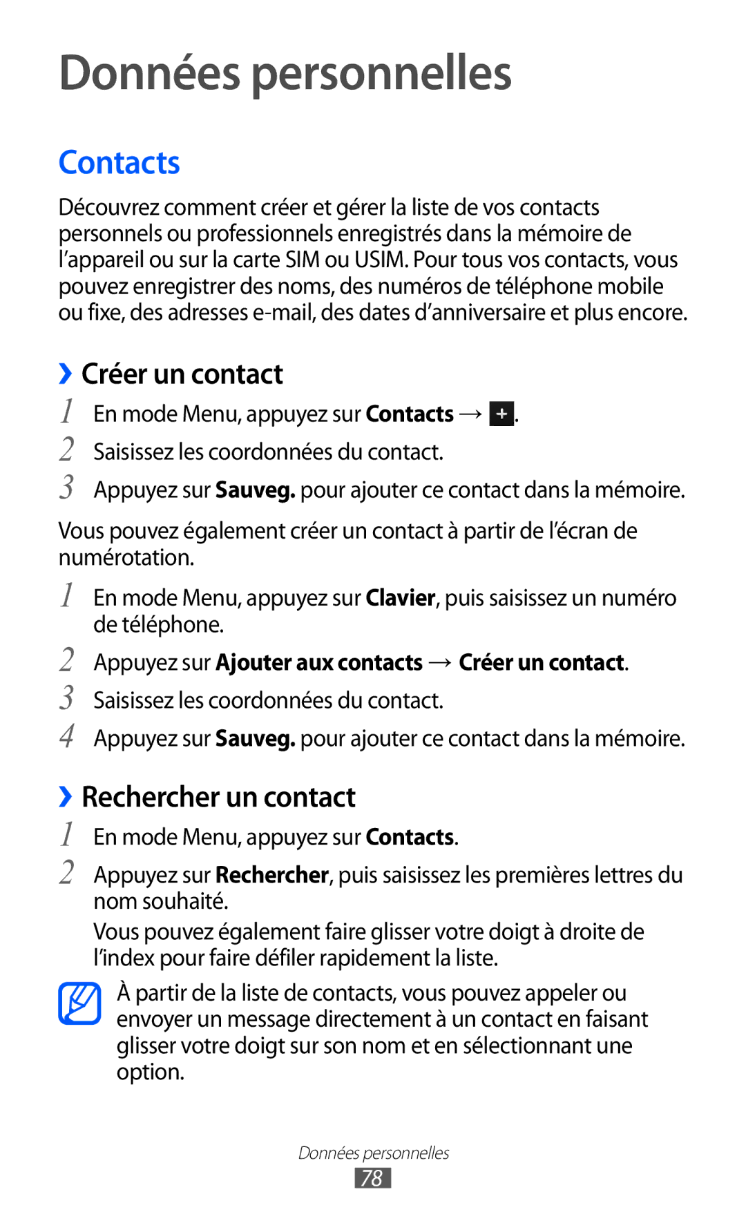 Samsung GT-S8600HKAMTL manual Données personnelles, Contacts, ››Créer un contact, ››Rechercher un contact 