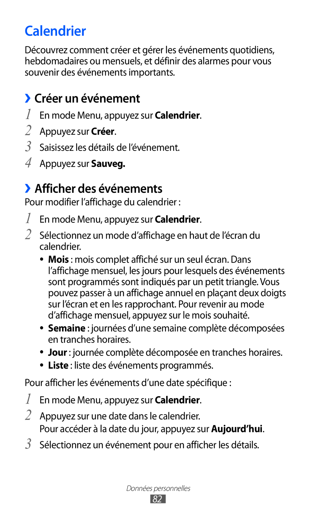 Samsung GT-S8600HKAMTL manual Calendrier, ››Créer un événement, ››Afficher des événements 