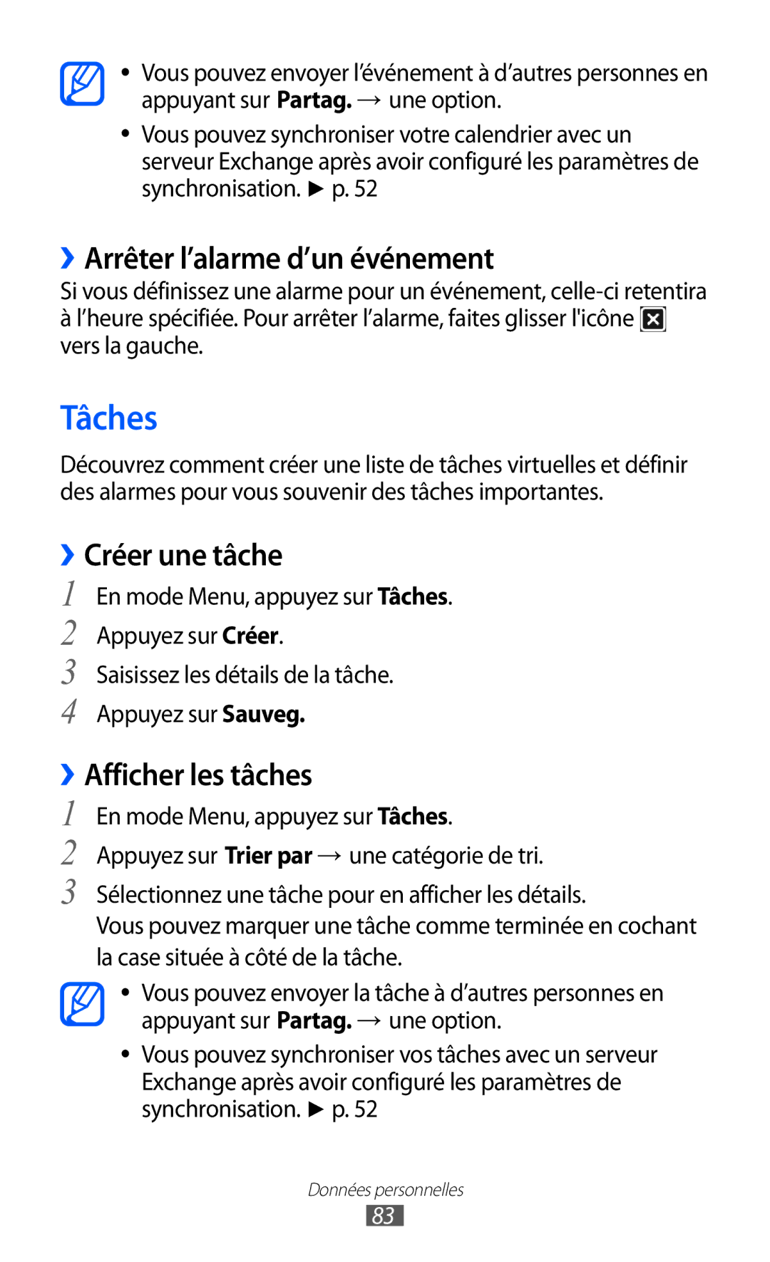 Samsung GT-S8600HKAMTL manual Tâches, ››Arrêter l’alarme d’un événement, ››Créer une tâche, ››Afficher les tâches 