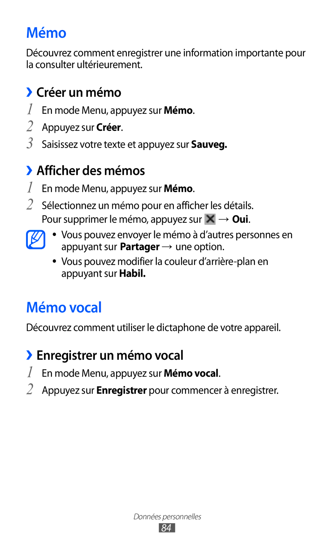 Samsung GT-S8600HKAMTL manual Mémo vocal, ››Créer un mémo, ››Afficher des mémos, ››Enregistrer un mémo vocal 