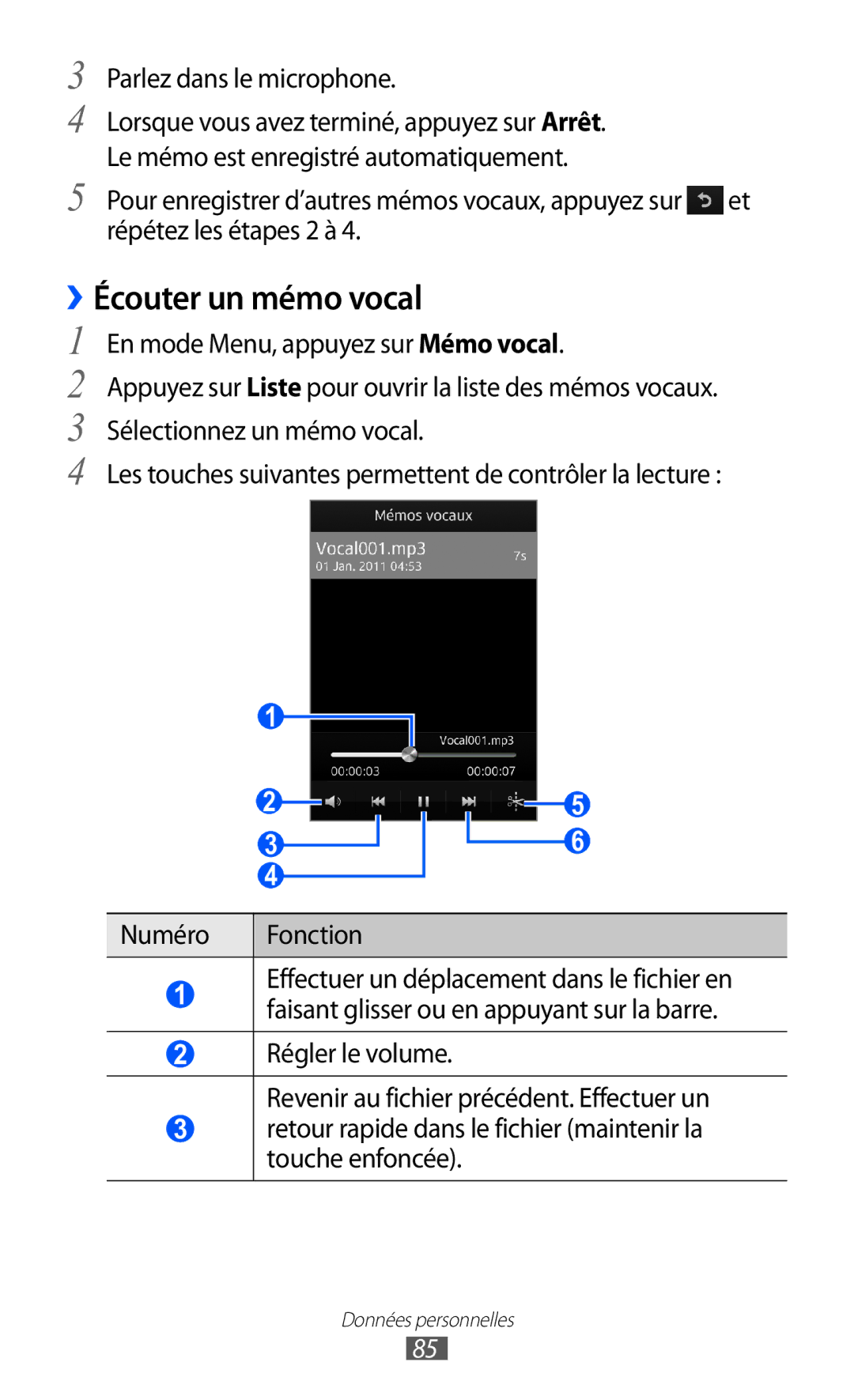 Samsung GT-S8600HKAMTL manual ››Écouter un mémo vocal, Parlez dans le microphone 