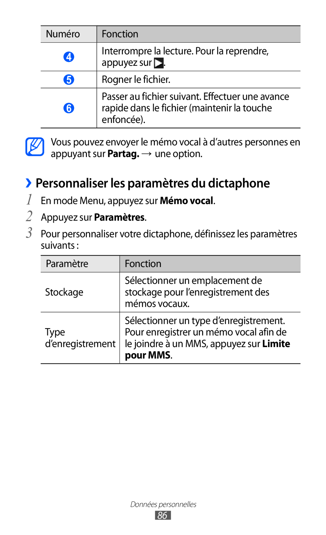 Samsung GT-S8600HKAMTL manual ››Personnaliser les paramètres du dictaphone, Pour MMS 