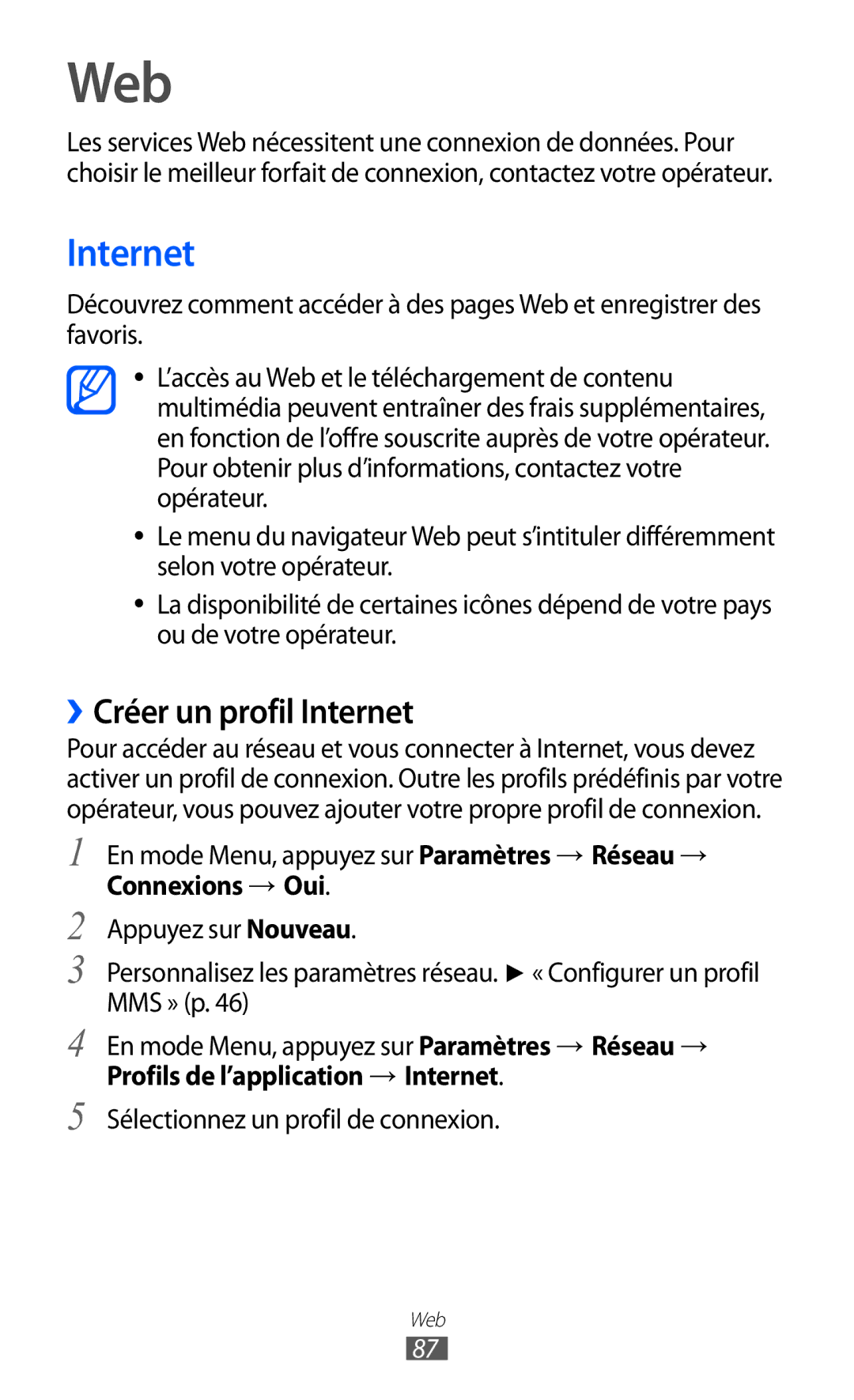 Samsung GT-S8600HKAMTL manual Web, ››Créer un profil Internet, Profils de l’application → Internet 