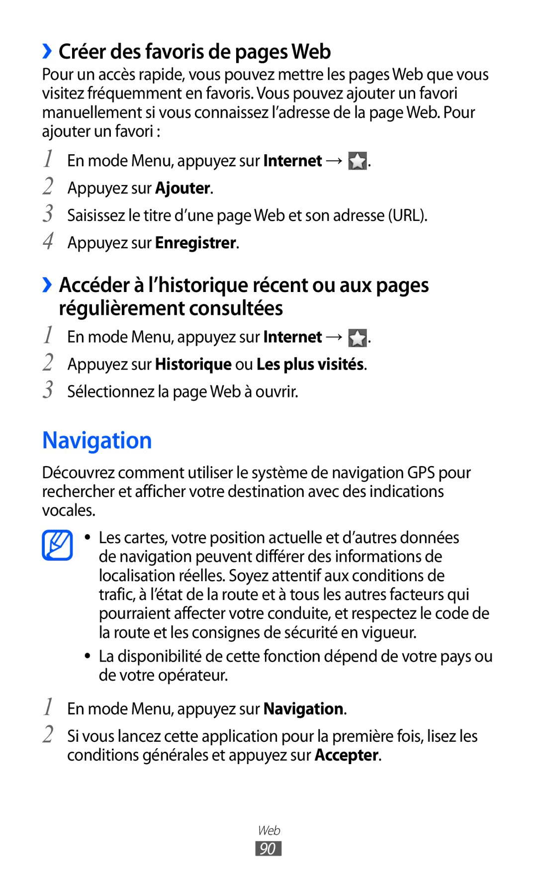 Samsung GT-S8600HKAMTL manual Navigation, ››Créer des favoris de pages Web, En mode Menu, appuyez sur Internet → 