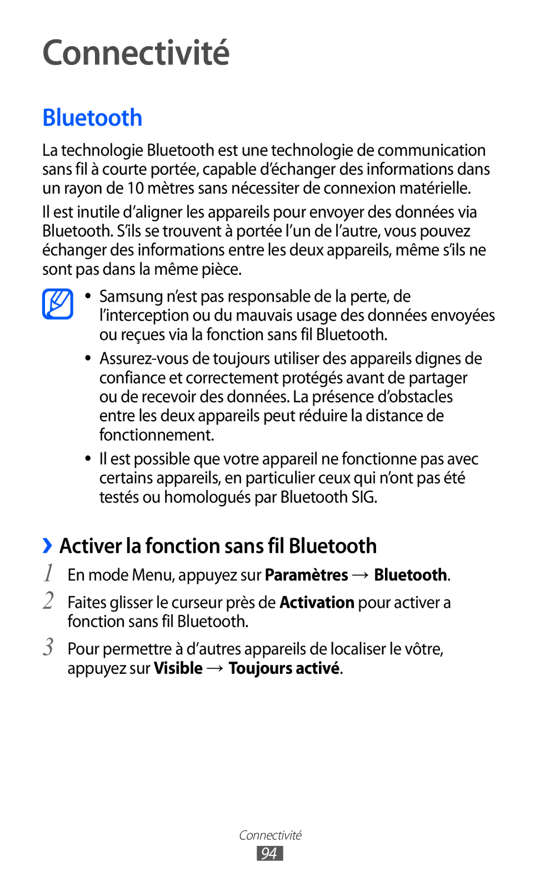 Samsung GT-S8600HKAMTL manual Connectivité, ››Activer la fonction sans fil Bluetooth 