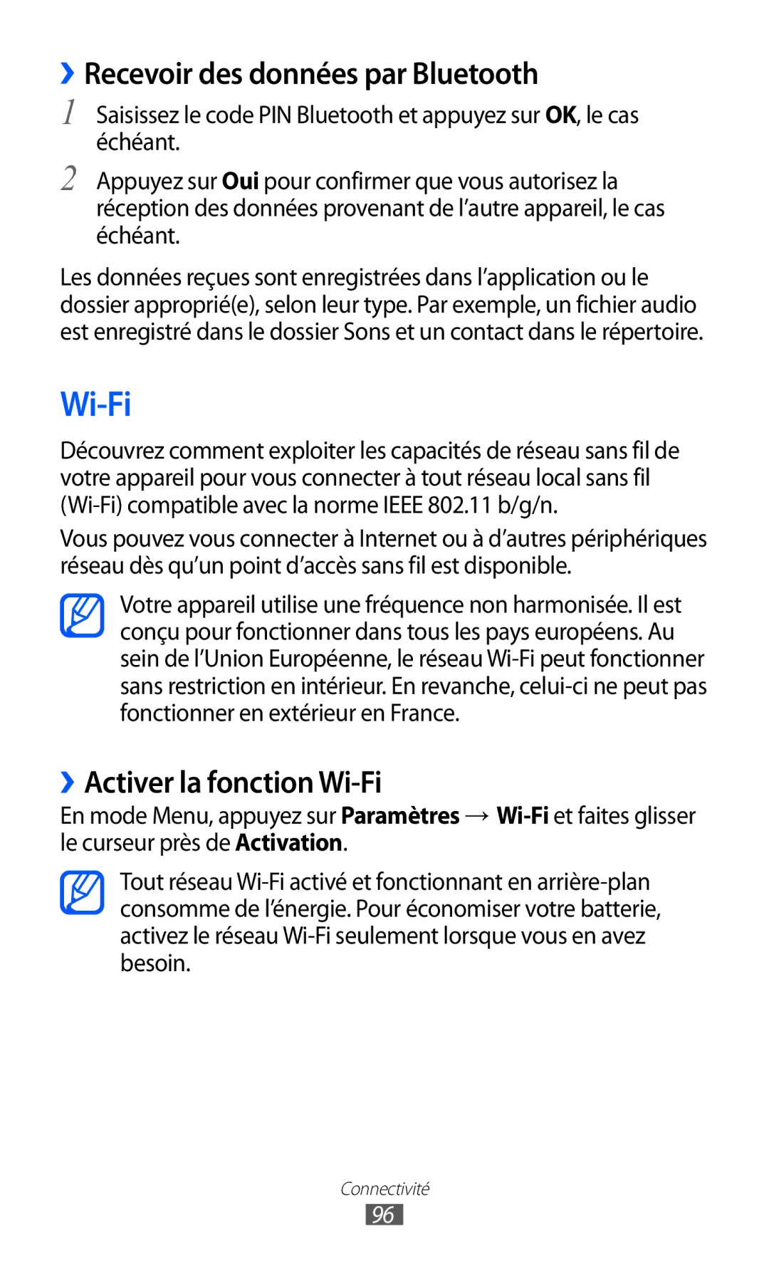 Samsung GT-S8600HKAMTL manual ››Recevoir des données par Bluetooth, ››Activer la fonction Wi-Fi 