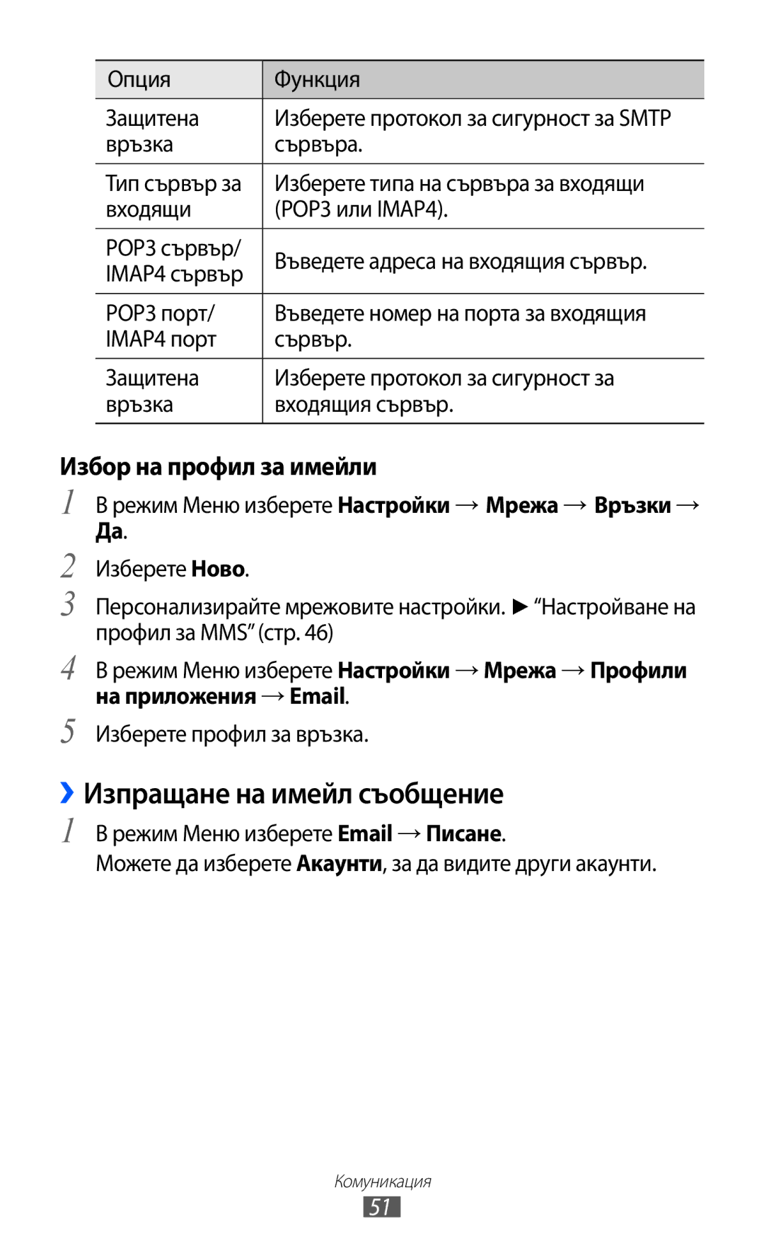 Samsung GT-S8600HKAMTL manual ››Изпращане на имейл съобщение, Избор на профил за имейли, Опция Функция Защитена 