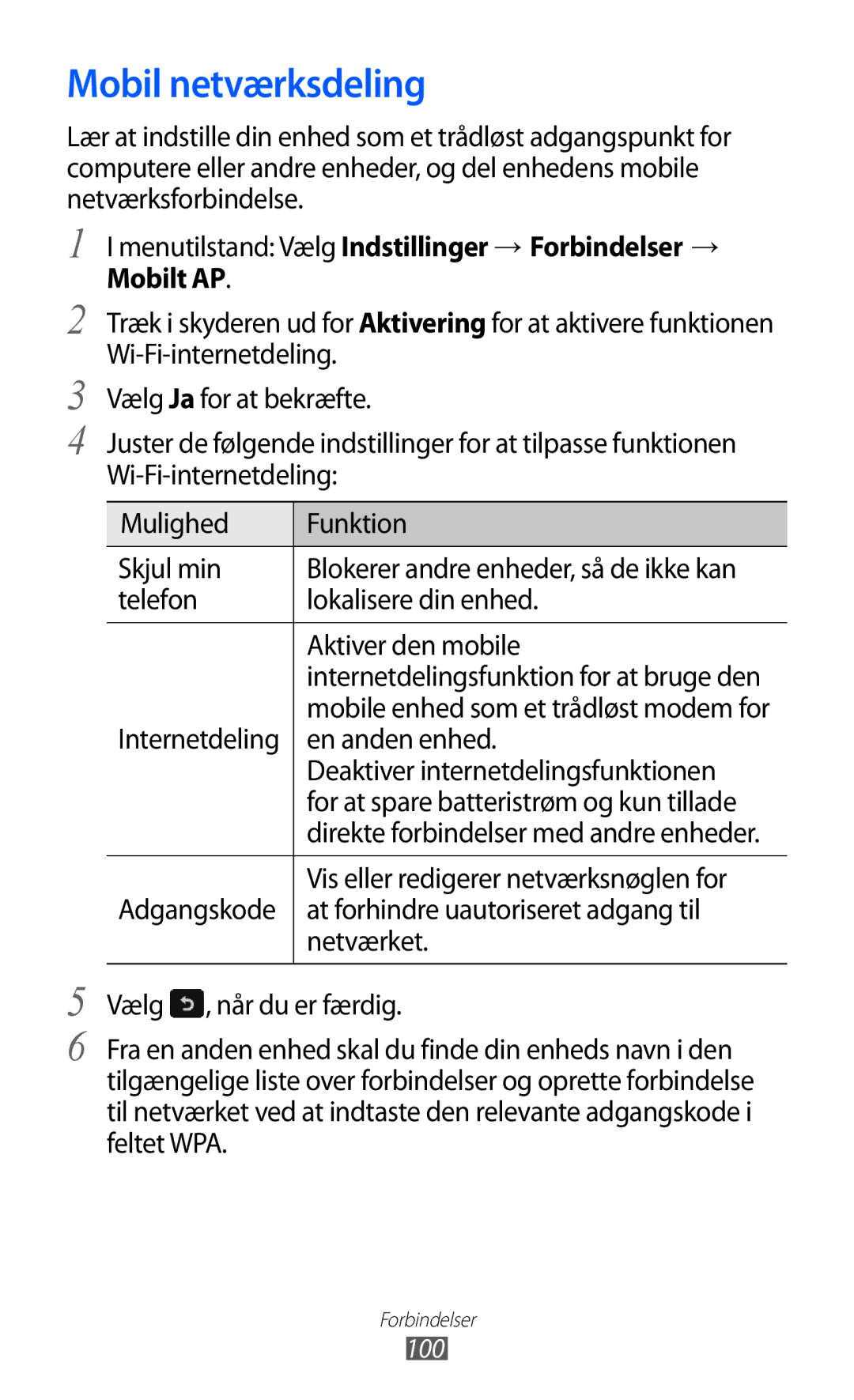 Samsung GT-S8600HKANEE manual Mobil netværksdeling, Telefon Lokalisere din enhed Aktiver den mobile, 100 