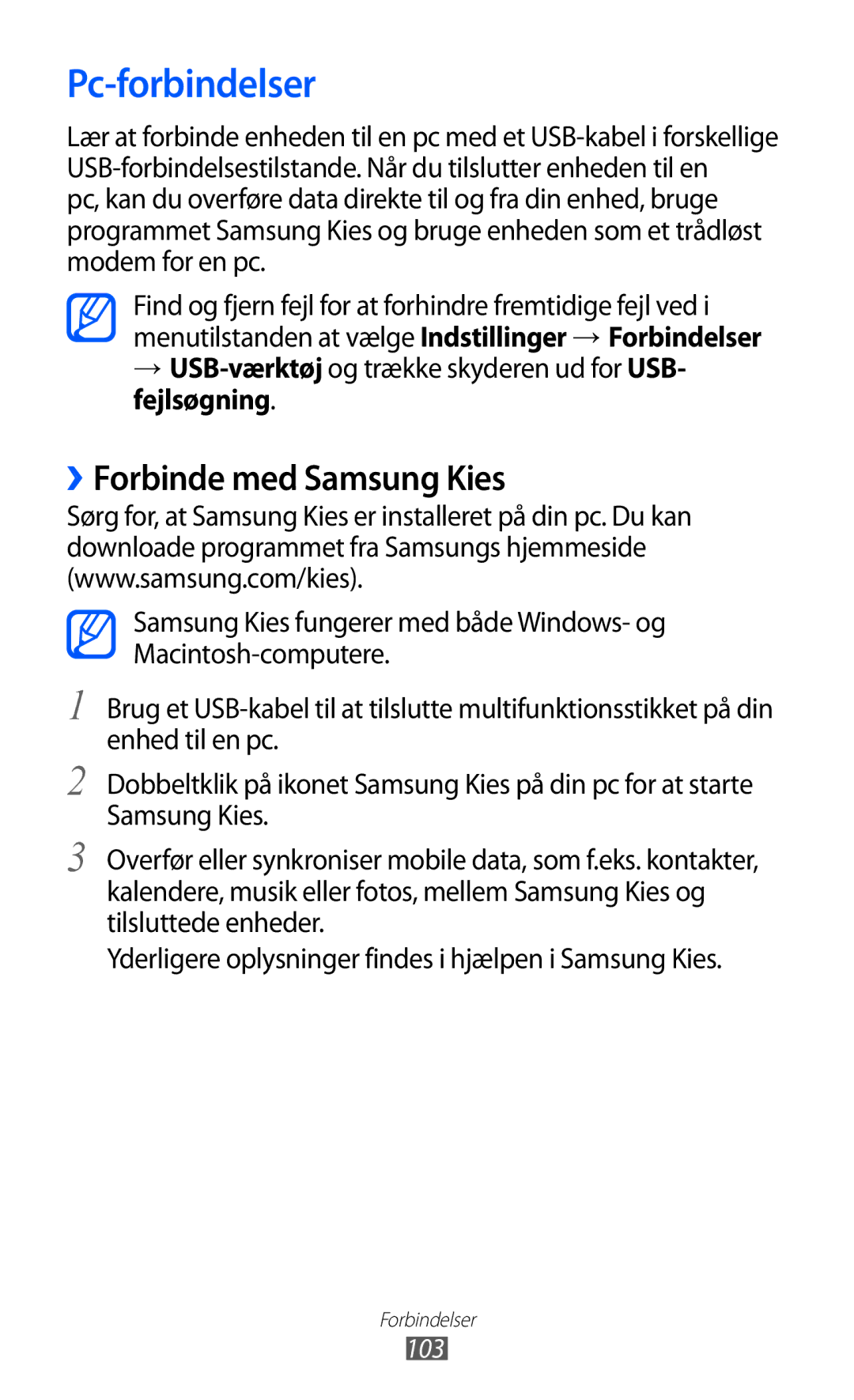 Samsung GT-S8600HKANEE manual Pc-forbindelser, ››Forbinde med Samsung Kies, 103 