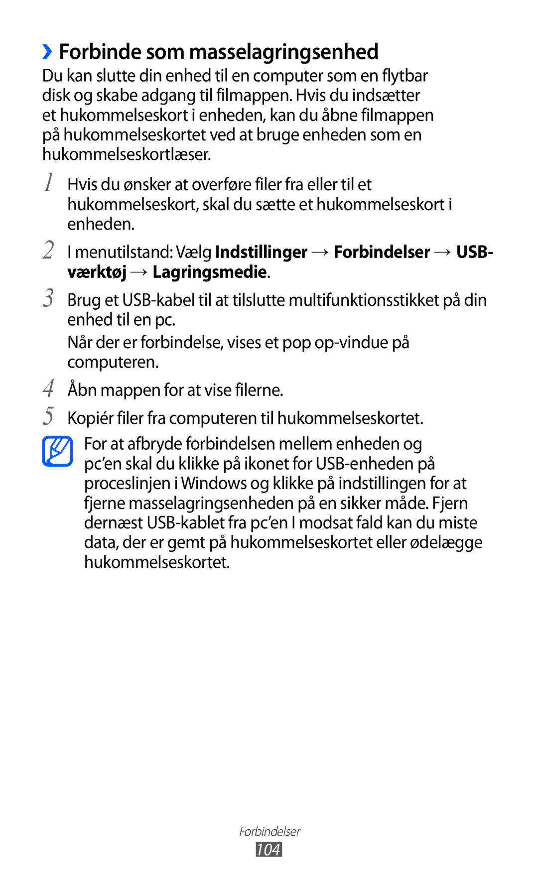 Samsung GT-S8600HKANEE manual ››Forbinde som masselagringsenhed, 104 