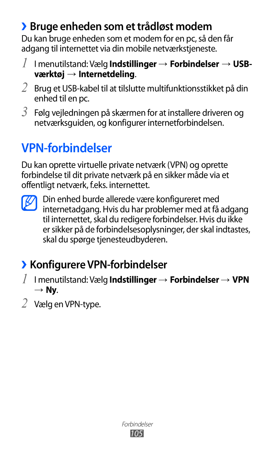 Samsung GT-S8600HKANEE manual ››Bruge enheden som et trådløst modem, ››Konfigurere VPN-forbindelser, Vælg en VPN-type 