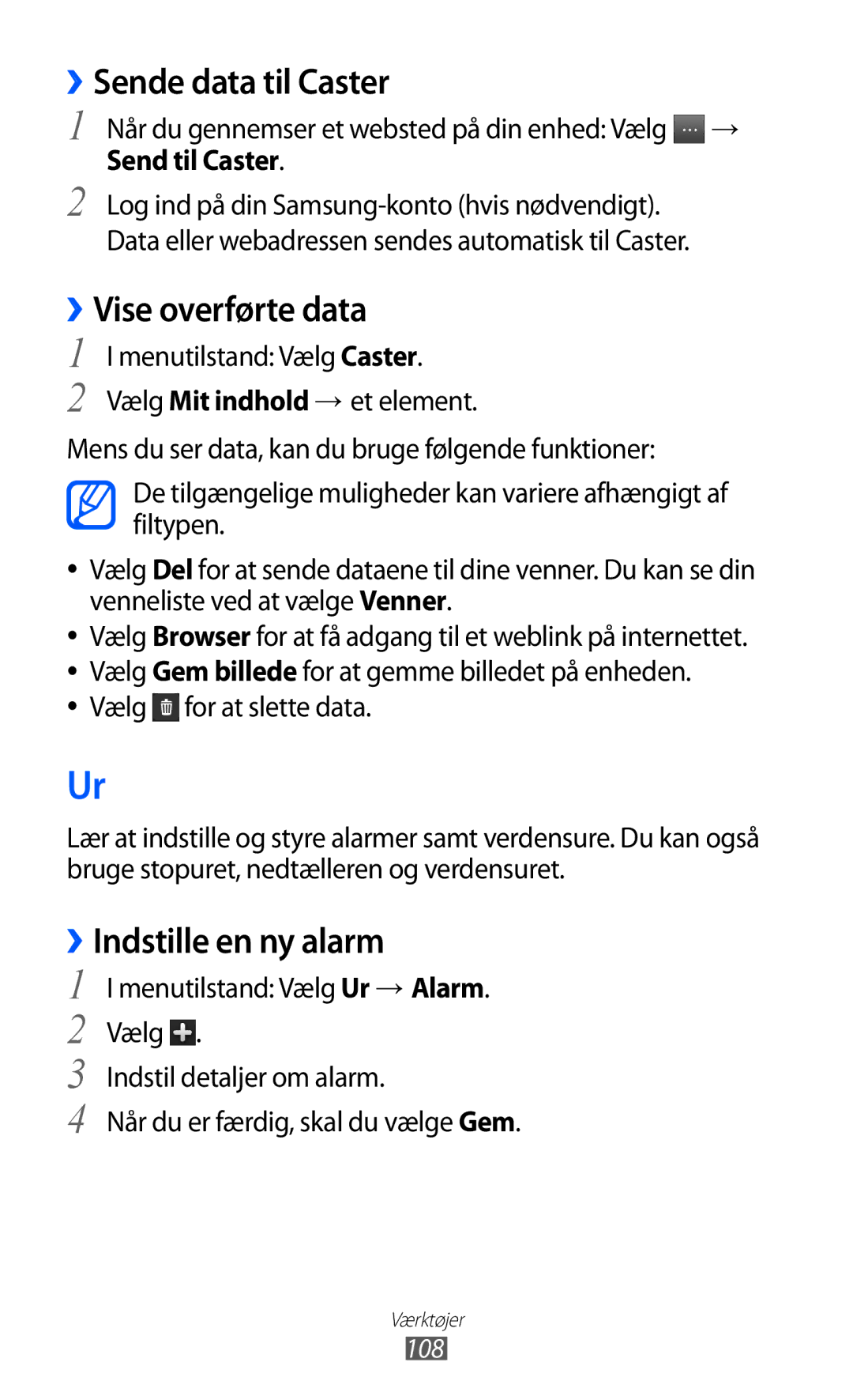 Samsung GT-S8600HKANEE manual ››Sende data til Caster, ››Vise overførte data, ››Indstille en ny alarm, 108 