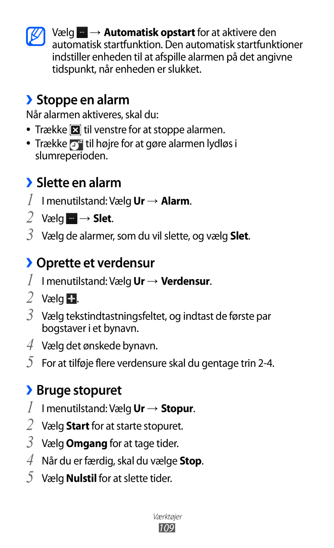 Samsung GT-S8600HKANEE manual ››Stoppe en alarm, ››Slette en alarm, ››Oprette et verdensur, ››Bruge stopuret, 109 