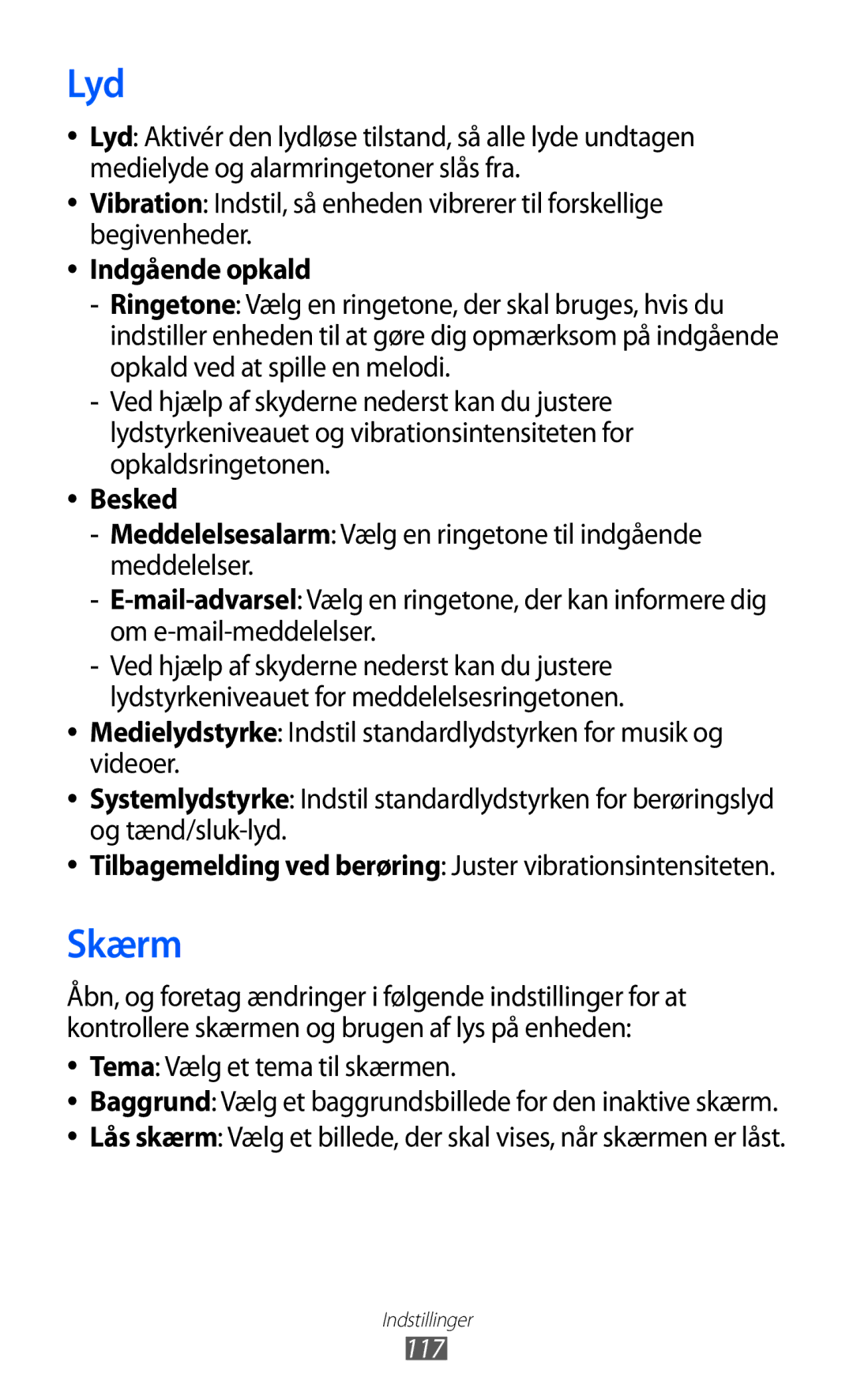 Samsung GT-S8600HKANEE manual Lyd, Skærm, Indgående opkald, Besked, Tema Vælg et tema til skærmen 