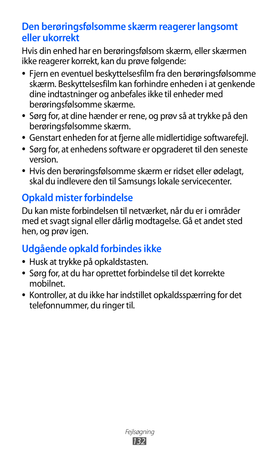 Samsung GT-S8600HKANEE manual Opkald mister forbindelse, 132 