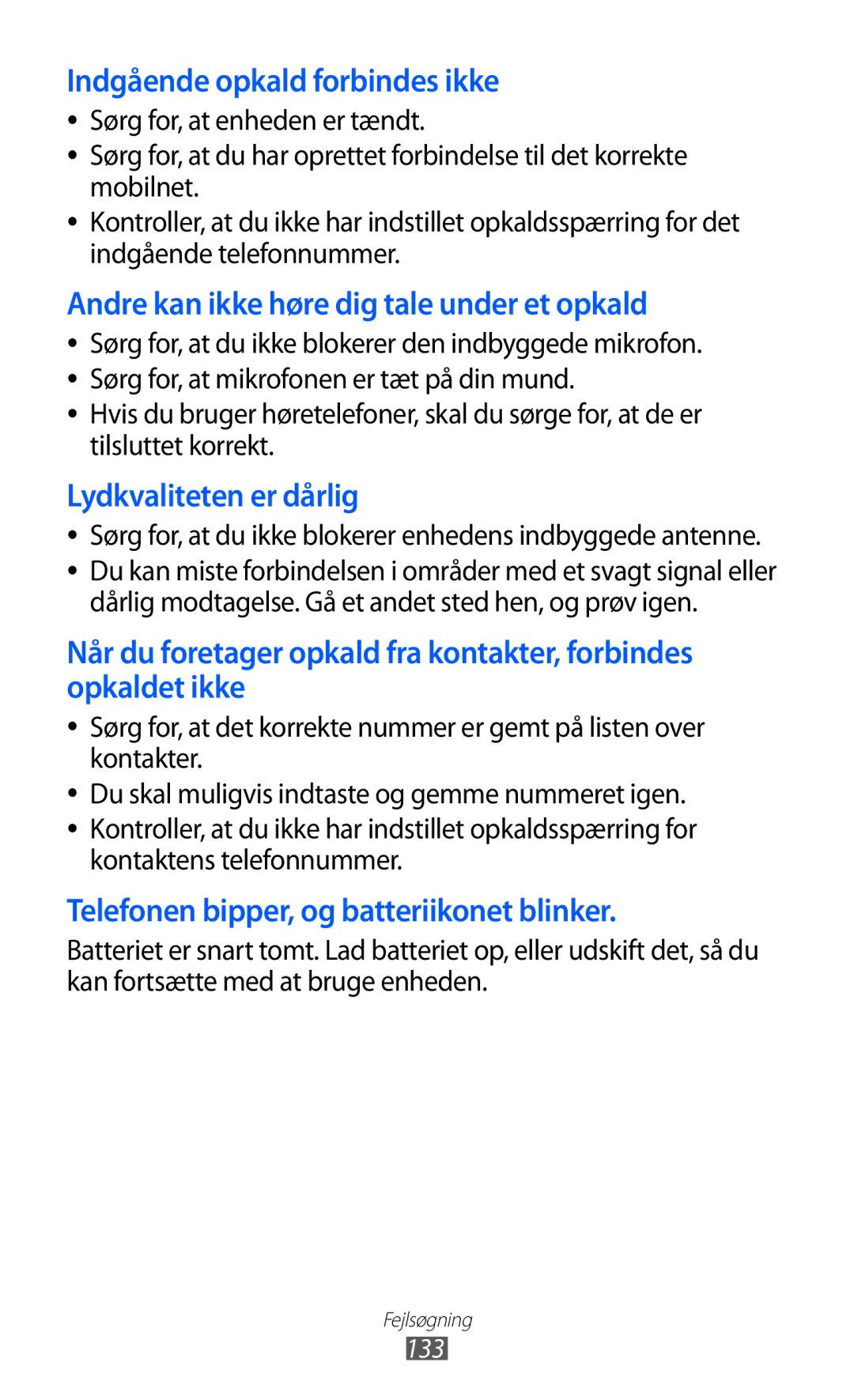 Samsung GT-S8600HKANEE manual Indgående opkald forbindes ikke, 133 