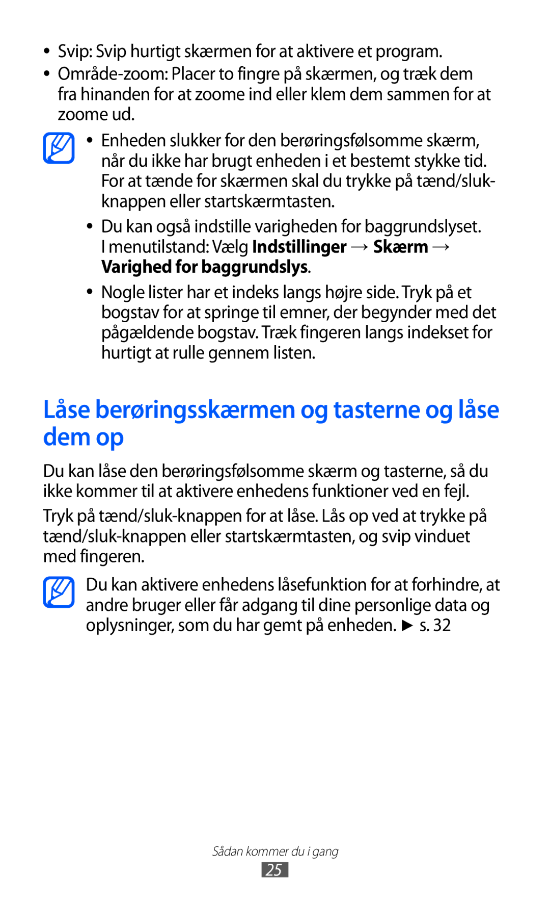 Samsung GT-S8600HKANEE manual Låse berøringsskærmen og tasterne og låse dem op 