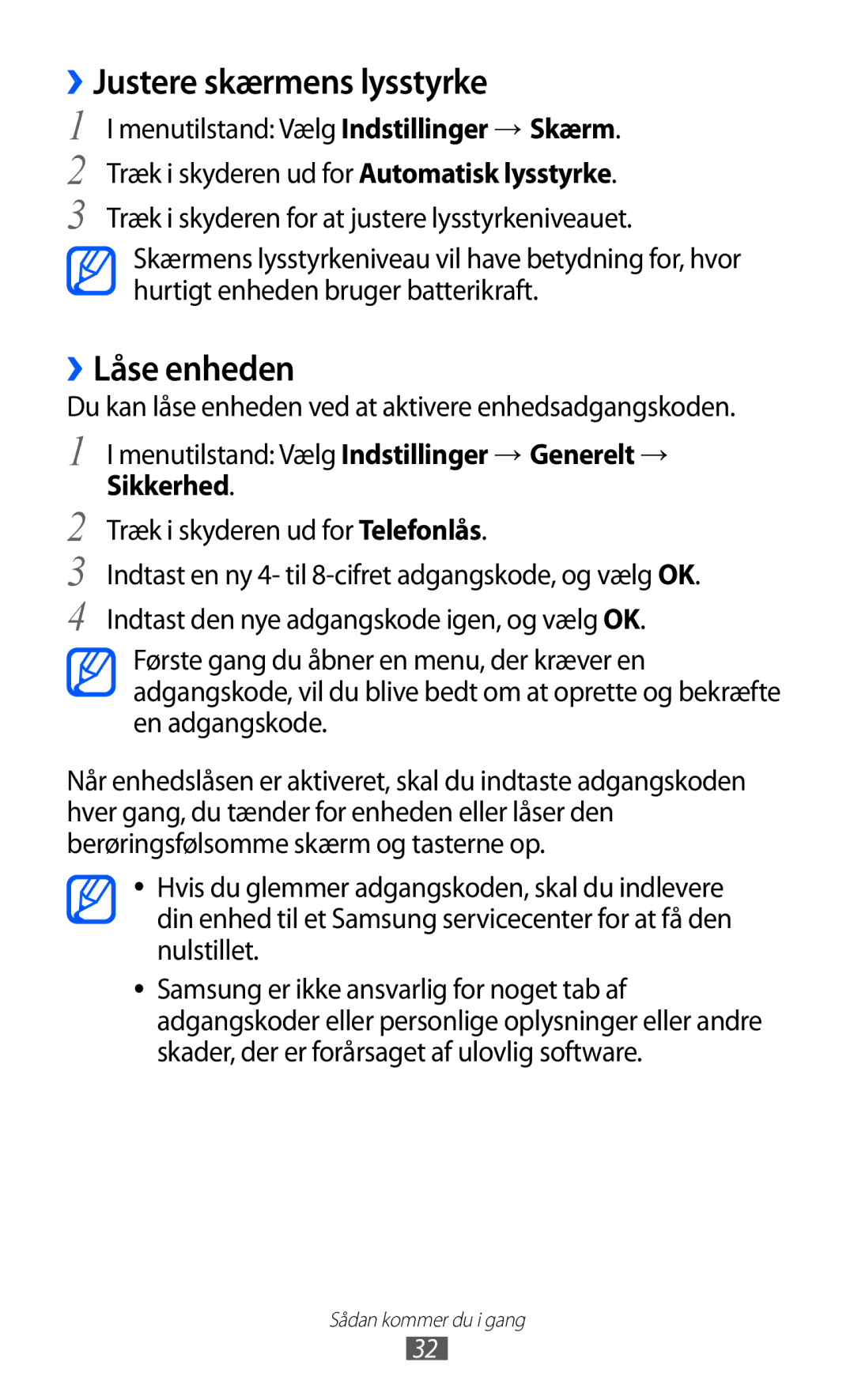 Samsung GT-S8600HKANEE manual ››Justere skærmens lysstyrke, ››Låse enheden 