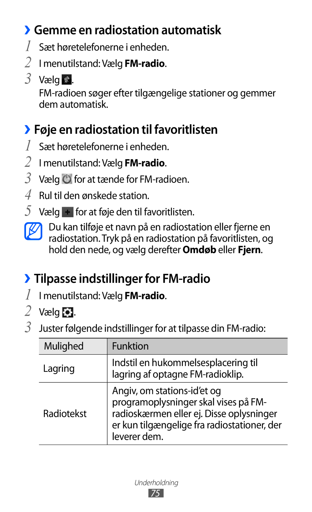 Samsung GT-S8600HKANEE manual ››Gemme en radiostation automatisk, ››Føje en radiostation til favoritlisten 