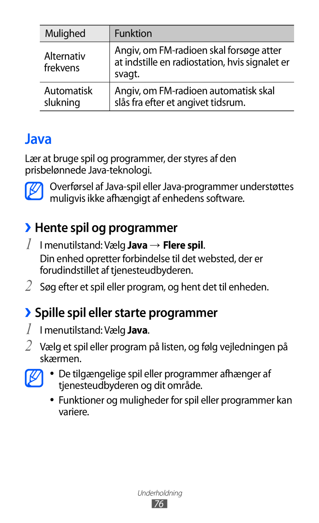 Samsung GT-S8600HKANEE manual Java, ››Hente spil og programmer, ››Spille spil eller starte programmer 