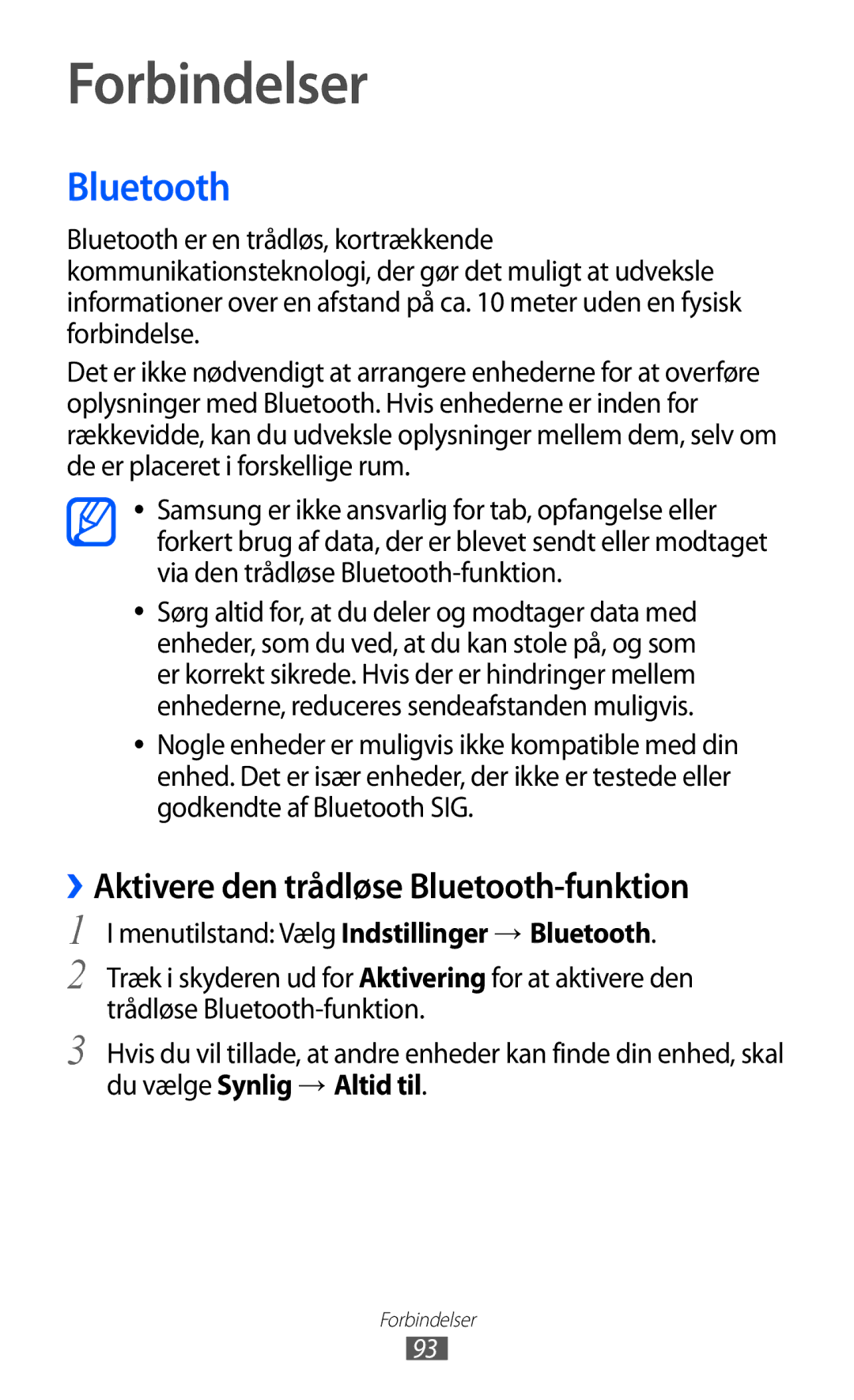 Samsung GT-S8600HKANEE manual Forbindelser, ››Aktivere den trådløse Bluetooth-funktion 