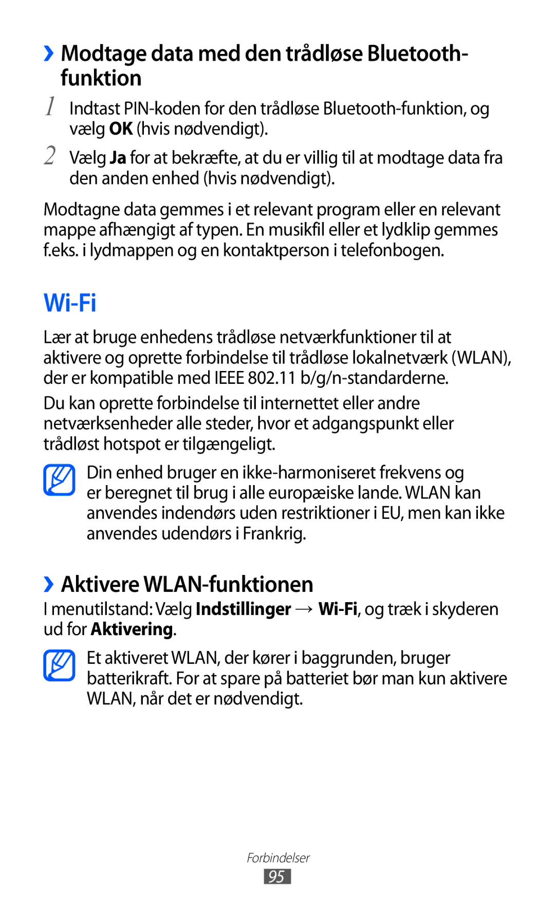 Samsung GT-S8600HKANEE manual Wi-Fi, ››Modtage data med den trådløse Bluetooth- funktion, ››Aktivere WLAN-funktionen 