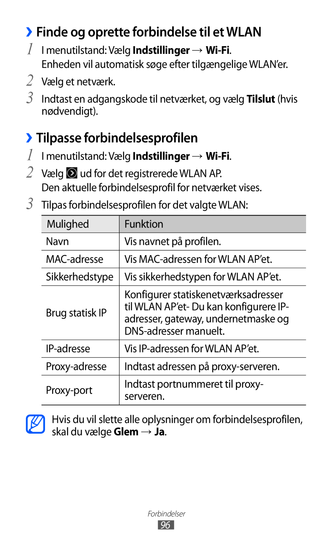 Samsung GT-S8600HKANEE manual ››Finde og oprette forbindelse til et Wlan, ››Tilpasse forbindelsesprofilen, Brug statisk IP 