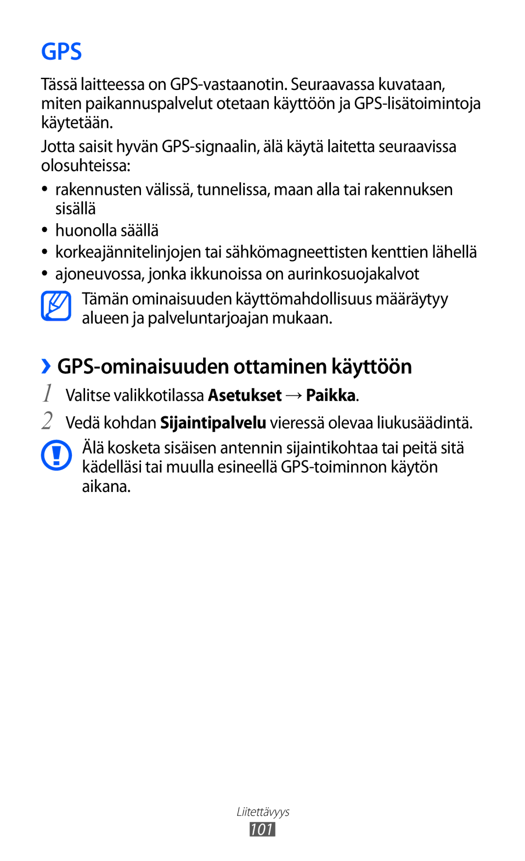 Samsung GT-S8600HKANEE manual Gps, ››GPS-ominaisuuden ottaminen käyttöön 