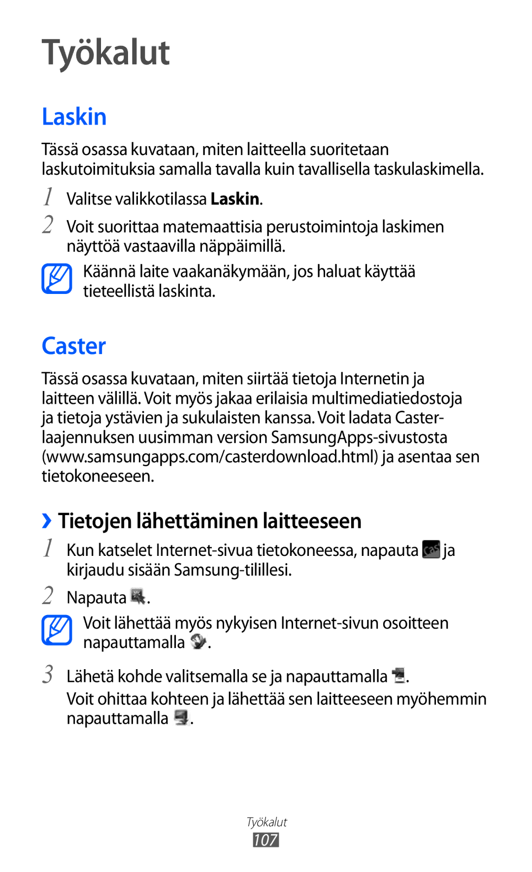 Samsung GT-S8600HKANEE manual Työkalut, Laskin, Caster, ››Tietojen lähettäminen laitteeseen 