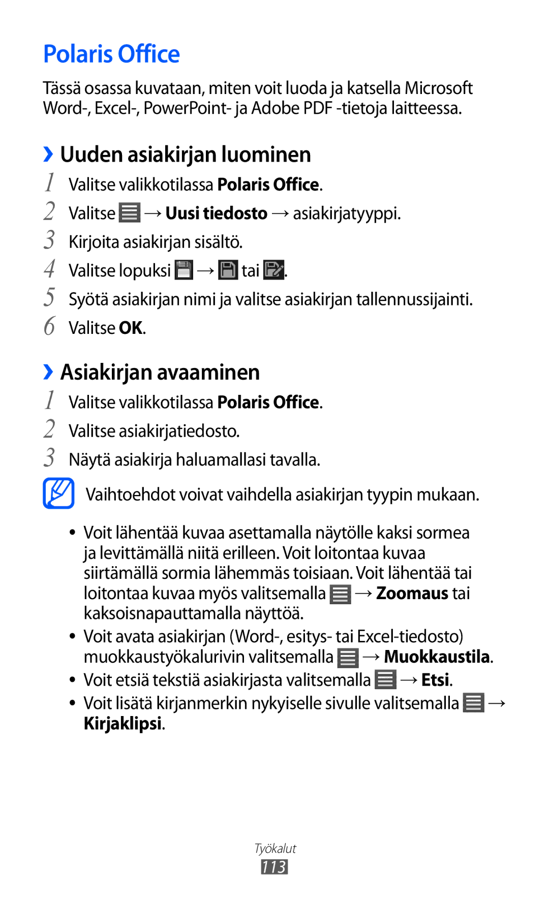 Samsung GT-S8600HKANEE manual Polaris Office, ››Uuden asiakirjan luominen, ››Asiakirjan avaaminen, Kirjaklipsi 