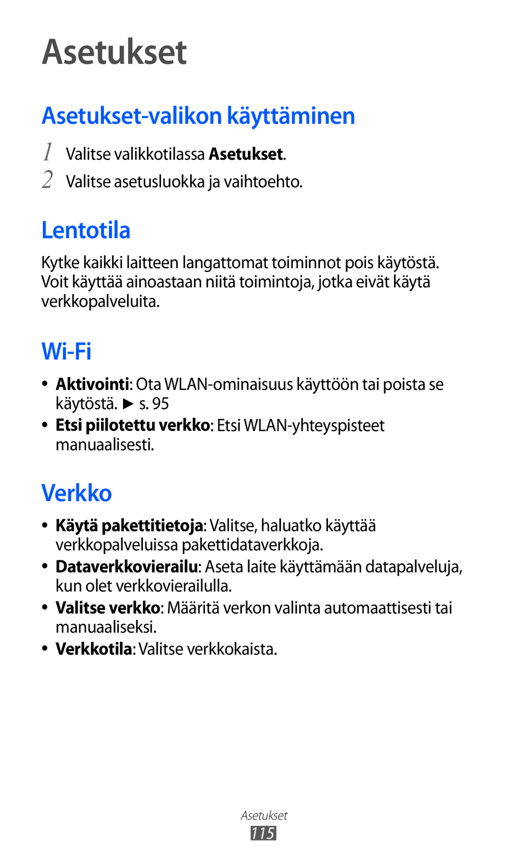 Samsung GT-S8600HKANEE manual Asetukset-valikon käyttäminen, Lentotila, Verkko 