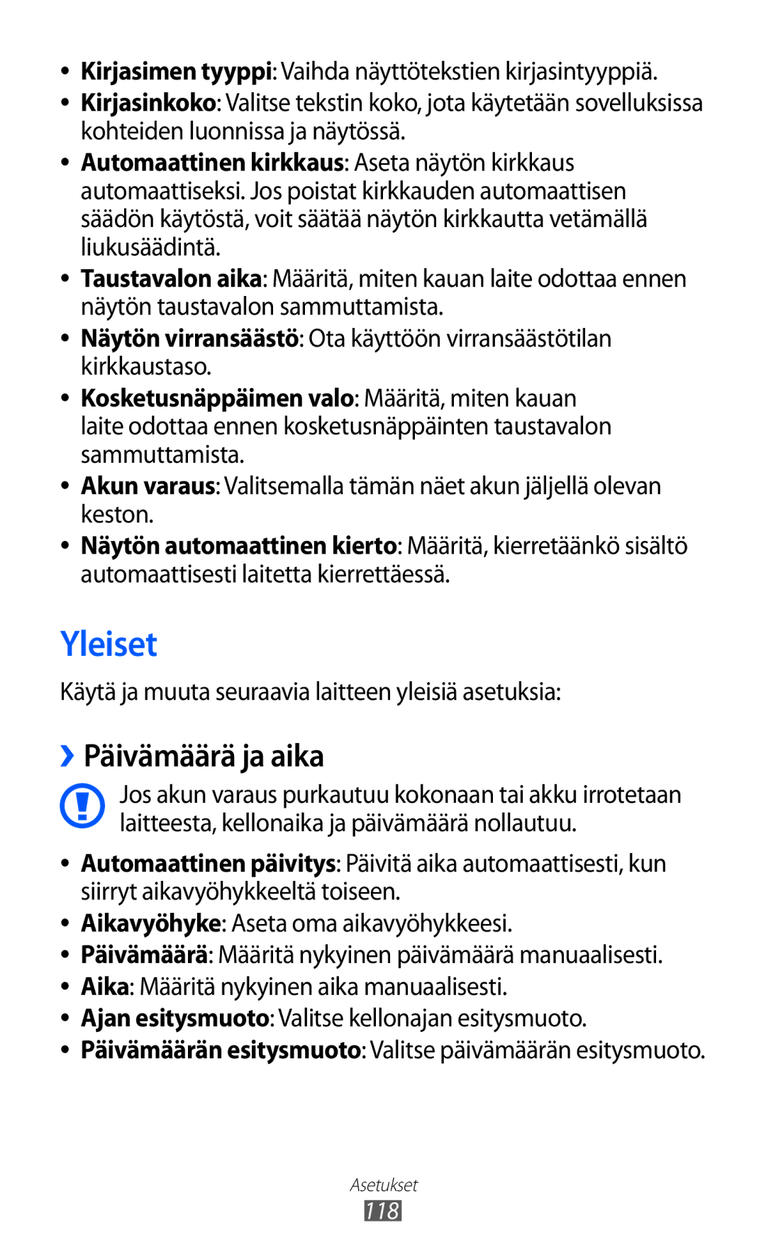 Samsung GT-S8600HKANEE manual Yleiset, ››Päivämäärä ja aika, Käytä ja muuta seuraavia laitteen yleisiä asetuksia 