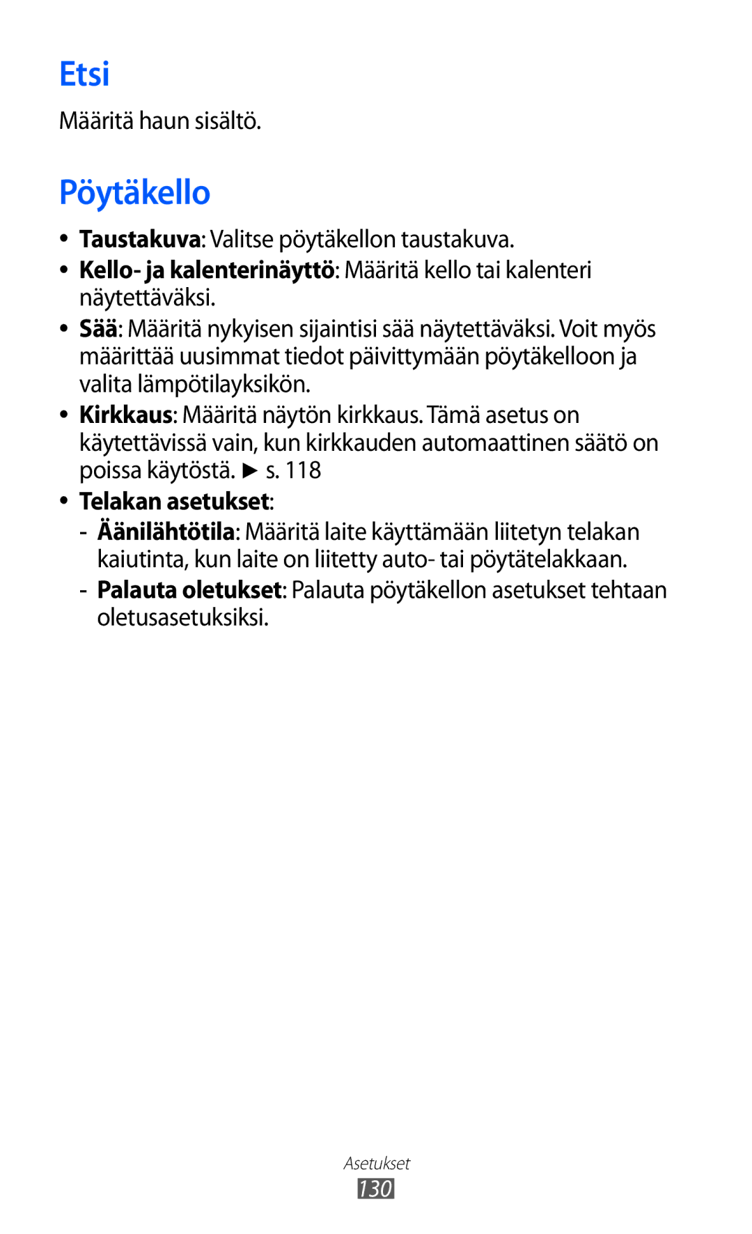 Samsung GT-S8600HKANEE manual Etsi, Määritä haun sisältö, Taustakuva Valitse pöytäkellon taustakuva, Telakan asetukset 