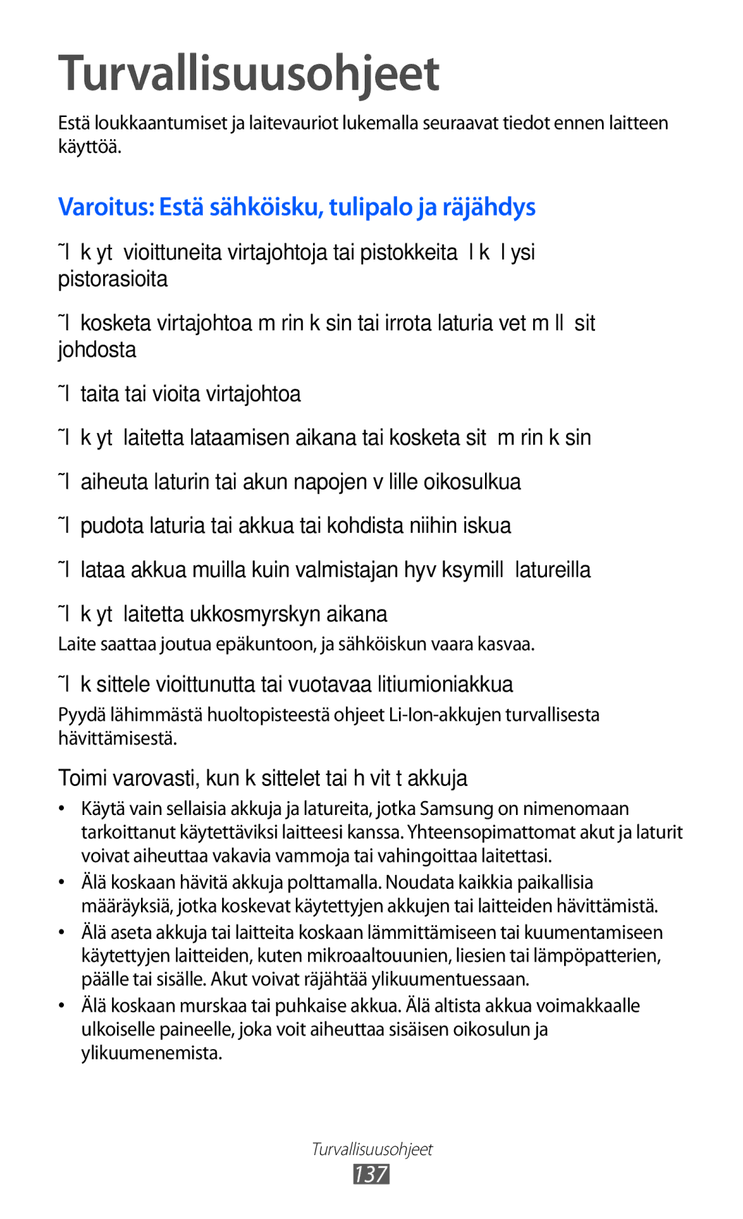 Samsung GT-S8600HKANEE manual Turvallisuusohjeet, Varoitus Estä sähköisku, tulipalo ja räjähdys 